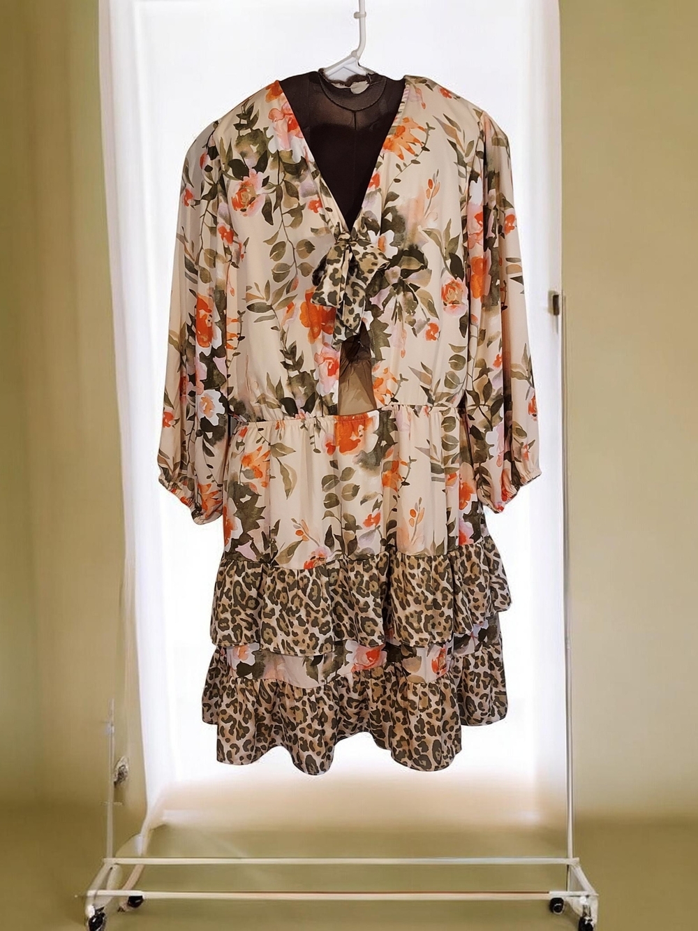 Cato Cream Floral & Leopard Tie-Front  Dress